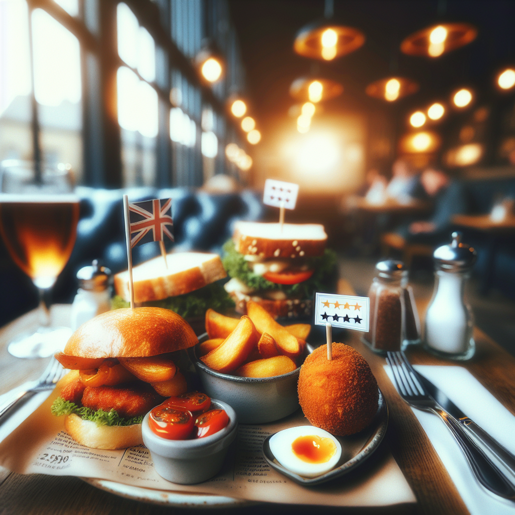 Our highlighted popular dishes - Fish and Chips, Chicken Sandwich, and Scotch Egg, showcasing the rave reviews from Yelp.